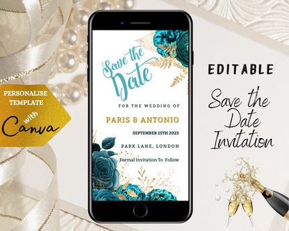 Teal Gold Floral Rustic Save The Date Wedding Evite displayed on a smartphone, showcasing editable text and floral design for digital invitations.
