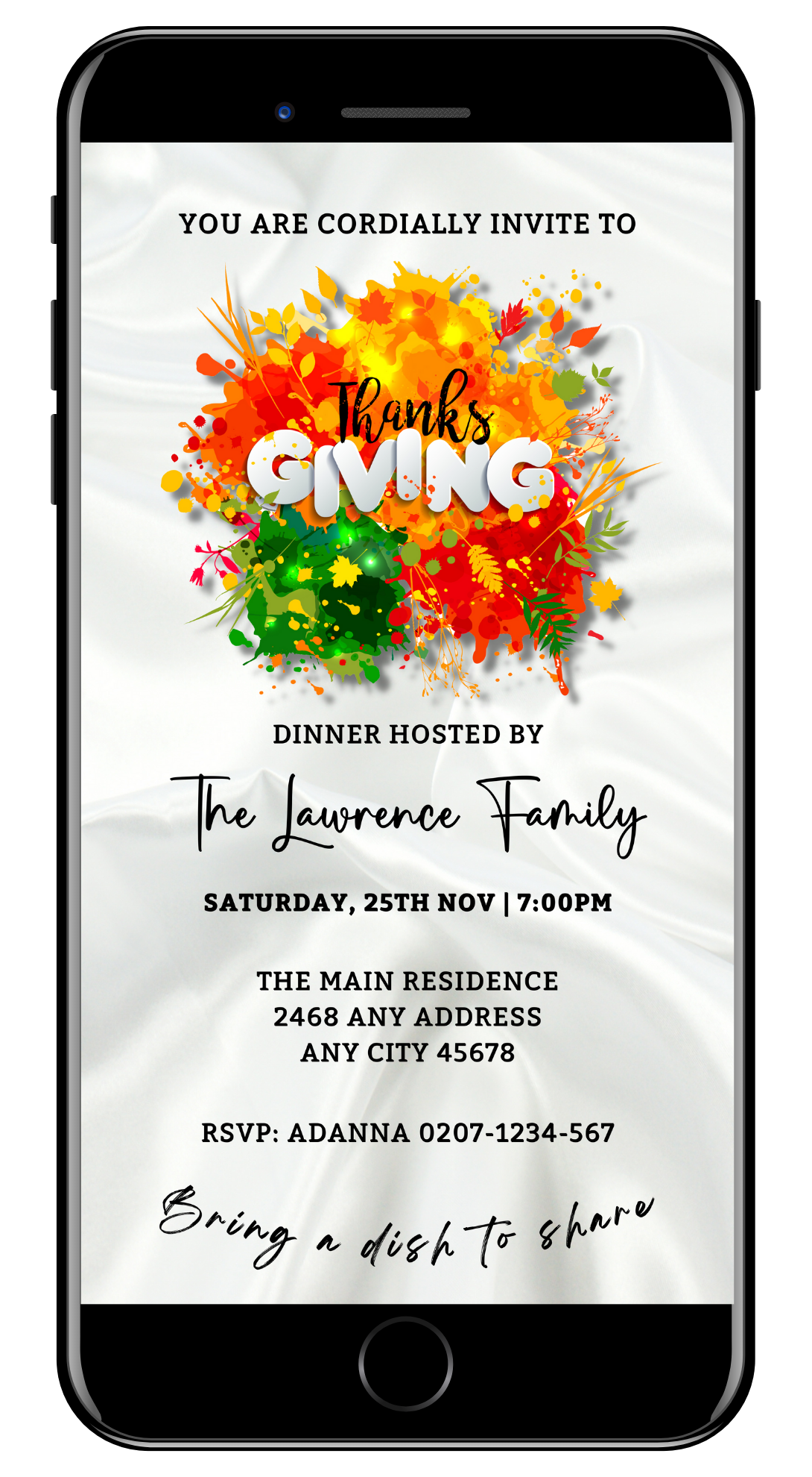 Cell phone displaying a colorful Thanksgiving Dinner Evite with a customizable template from URCordiallyInvited.