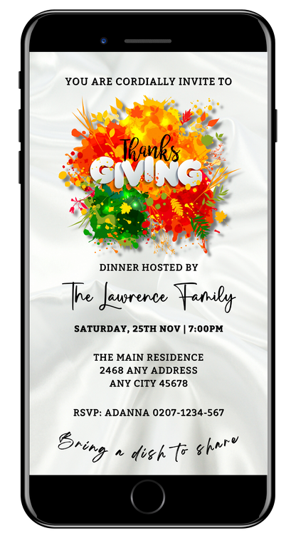 Cell phone displaying a colorful Thanksgiving Dinner Evite with a customizable template from URCordiallyInvited.