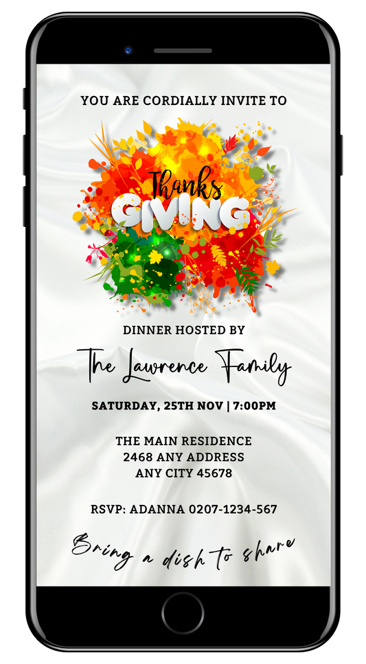 Cell phone displaying a colorful Thanksgiving Dinner Evite with a customizable template from URCordiallyInvited.