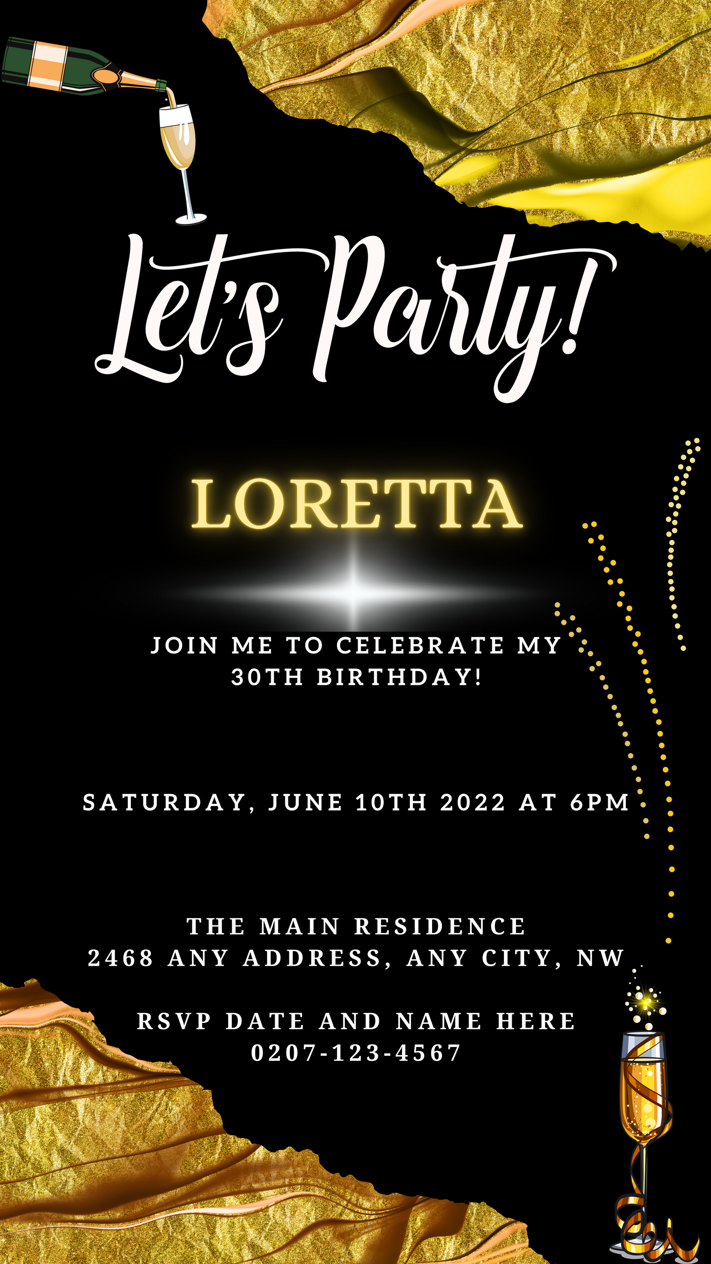 Gold Black Ankara Customisable Party Evite featuring editable white text on a black background with gold accents, allowing for easy personalization via Canva.