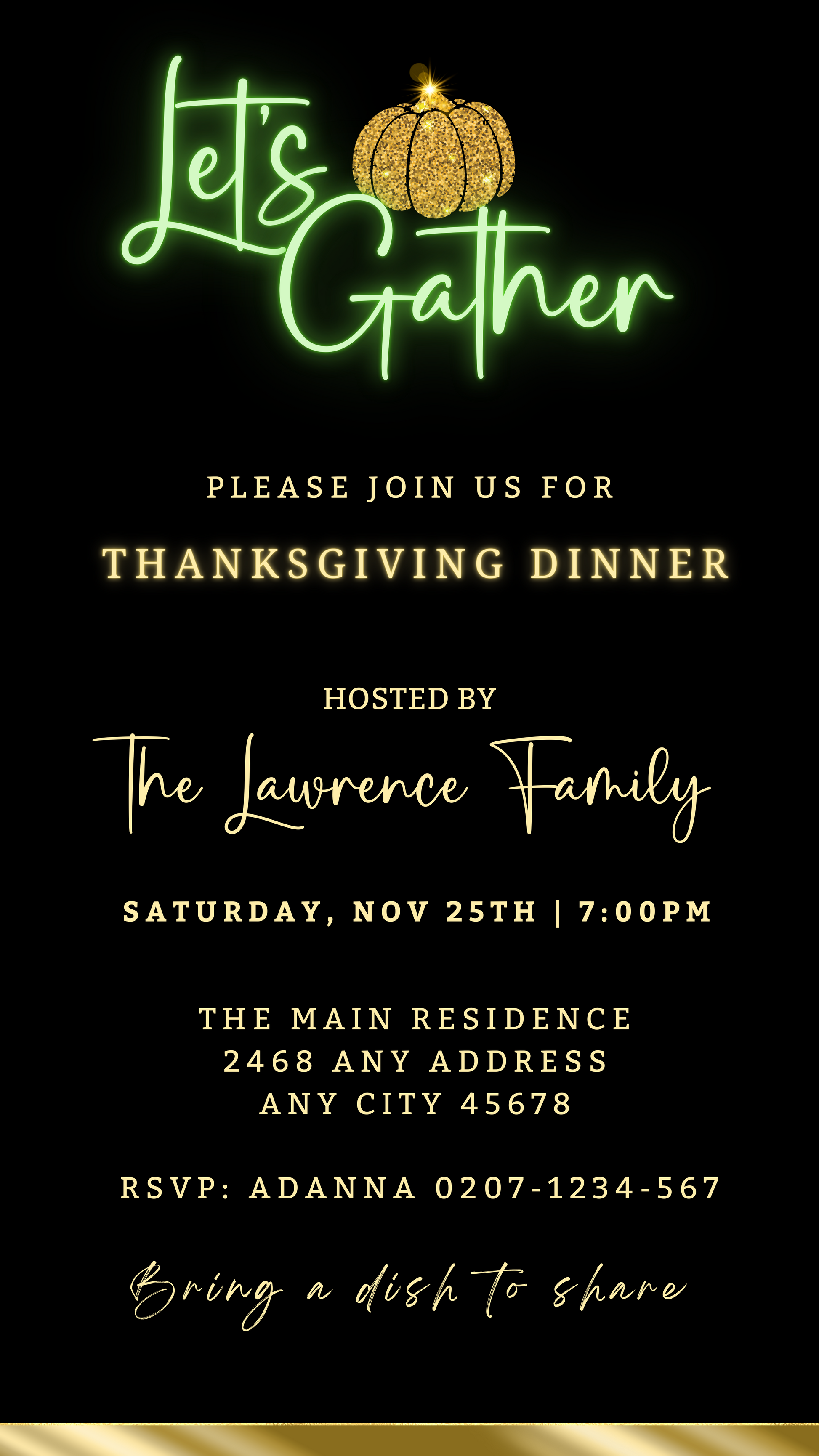 Green Neon Black Gold Pumpkin Thanksgiving Dinner Evite template featuring a glowing pumpkin and customizable text for digital invitations via Canva.