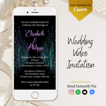 Customizable Digital Green Purple Glitter Wedding Video Invitation displayed on a white smartphone screen, showcasing editable text and design elements.