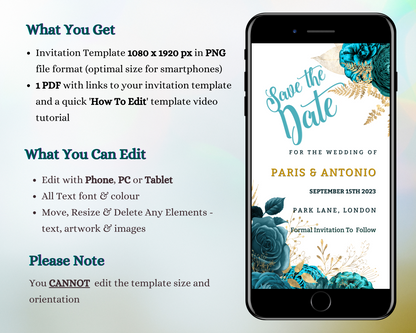 Teal Gold Floral Rustic Save The Date Wedding Evite displayed on a smartphone, with editable text and floral design.