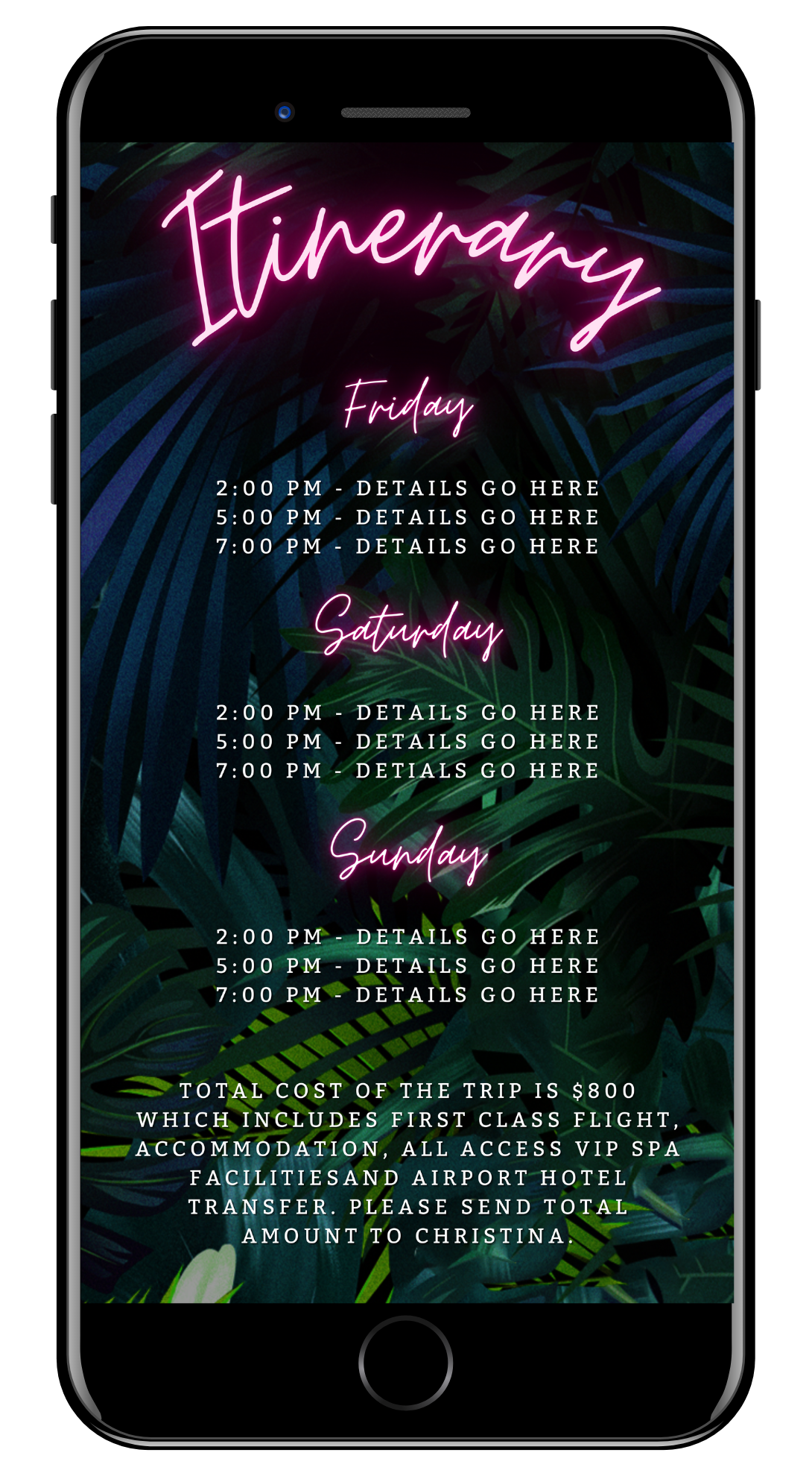 Customisable Tropical Destination Neon Pink Who's Turning Forty Weekend Evite displayed on a smartphone with editable neon pink text and palm leaves.