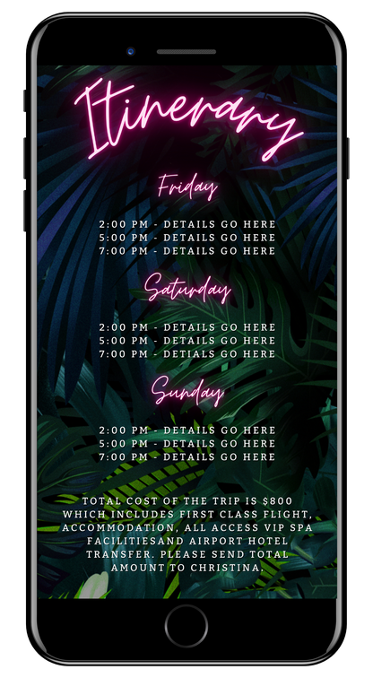 Customisable Tropical Destination Neon Pink Who's Turning Forty Weekend Evite displayed on a smartphone with editable neon pink text and palm leaves.