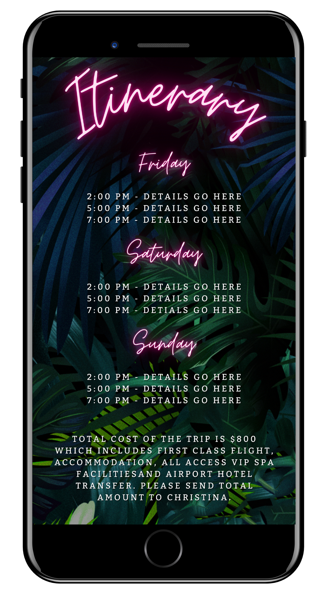 Screenshot of a customizable Tropical Destination Neon Pink Who's Turning Fifty Weekend Evite template for smartphones, featuring editable text and neon design elements.