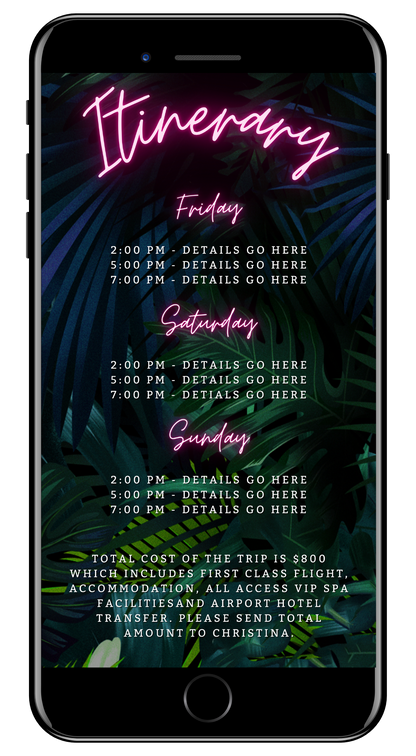 Screenshot of a customizable Tropical Destination Neon Pink Who's Turning Fifty Weekend Evite template for smartphones, featuring editable text and neon design elements.