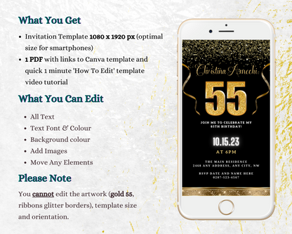 Customizable Digital Black Gold Confetti 55th Birthday Evite displayed on a smartphone screen, showcasing editable text and design elements for a personalized celebration invitation.