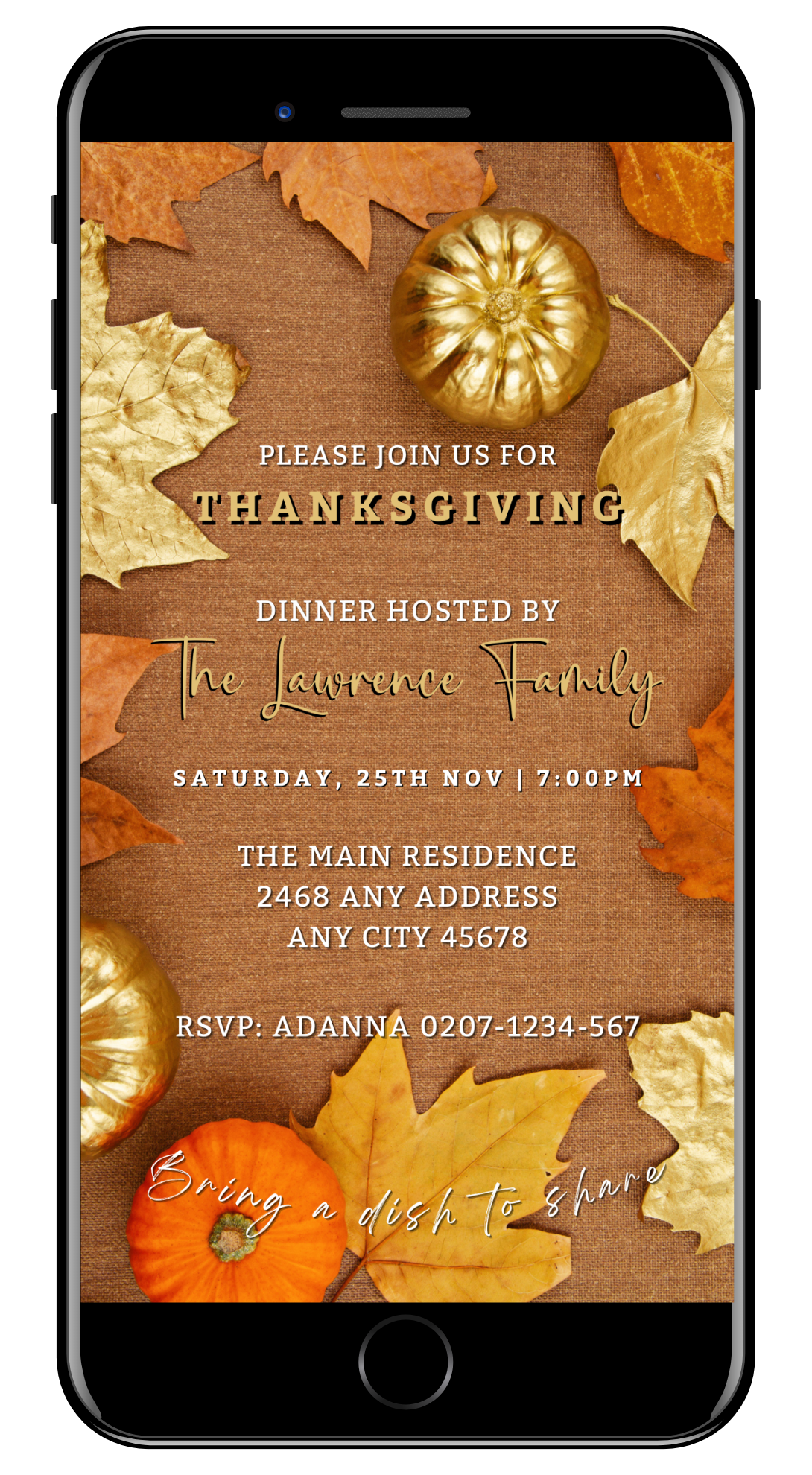 Thanksgiving Evite template with golden leaves and pumpkins on a cell phone screen.
