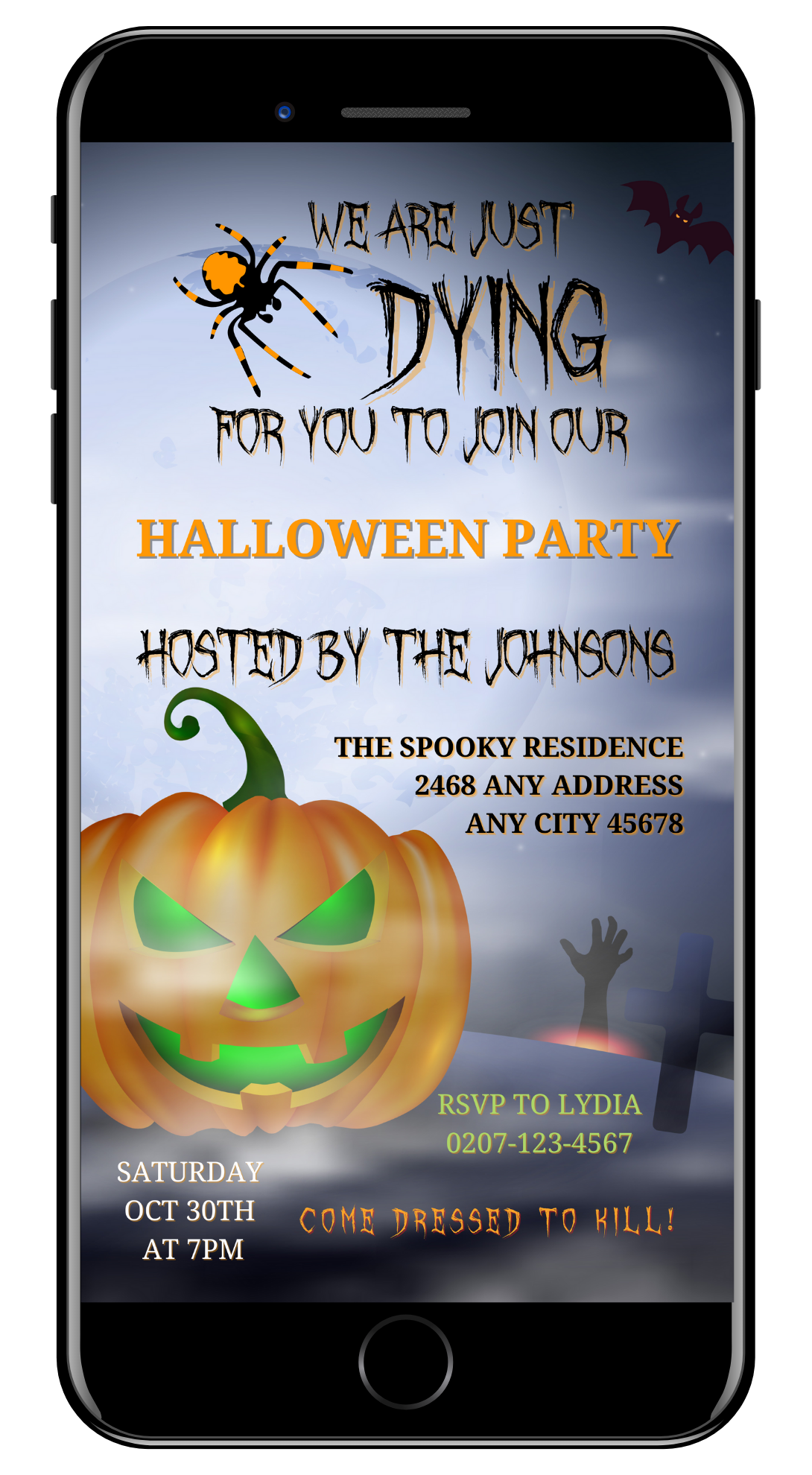 Phone screen displaying a Halloween-themed invitation template with a flying witch, neon green pumpkin, and customizable text for digital sharing via Canva.