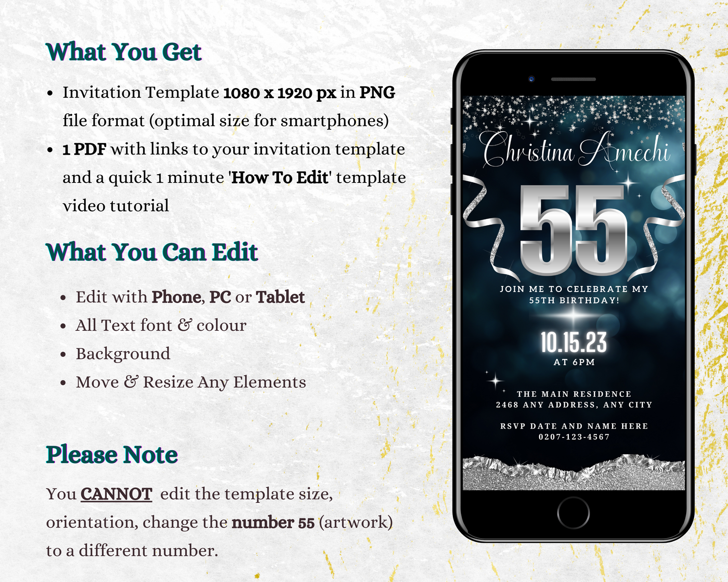 Customisable Navy Blue Silver Glitter 55th Birthday Evite displayed on a smartphone screen, ready for personalization using the Canva design app.