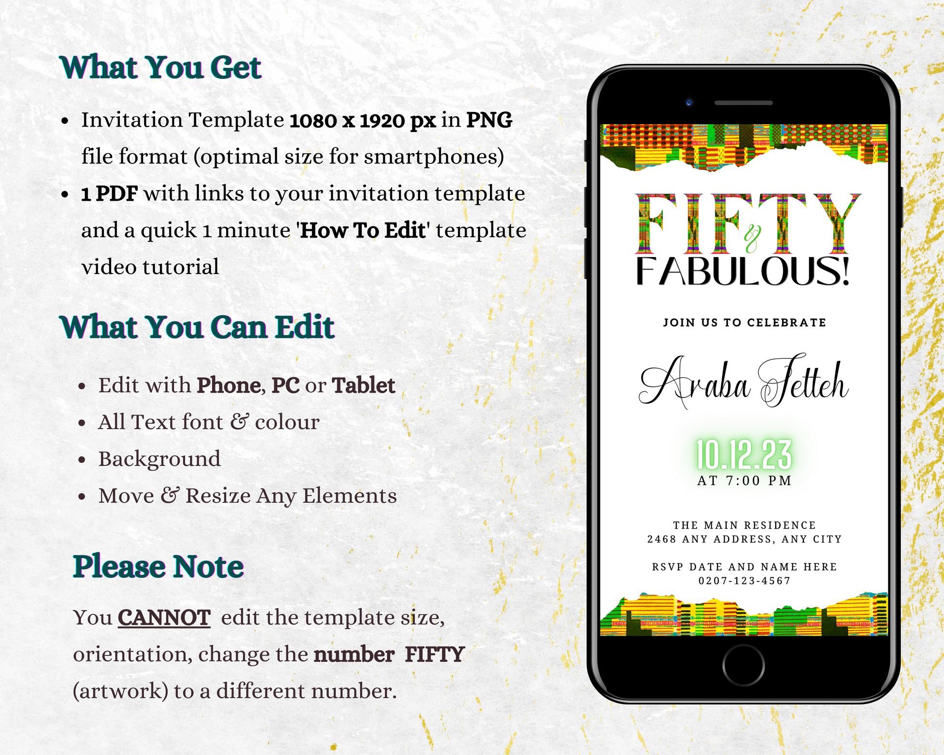 Customisable Digital Green Yellow Kente White | 50 & Fabulous Party Evite displayed on a smartphone screen with editable text and logo elements.