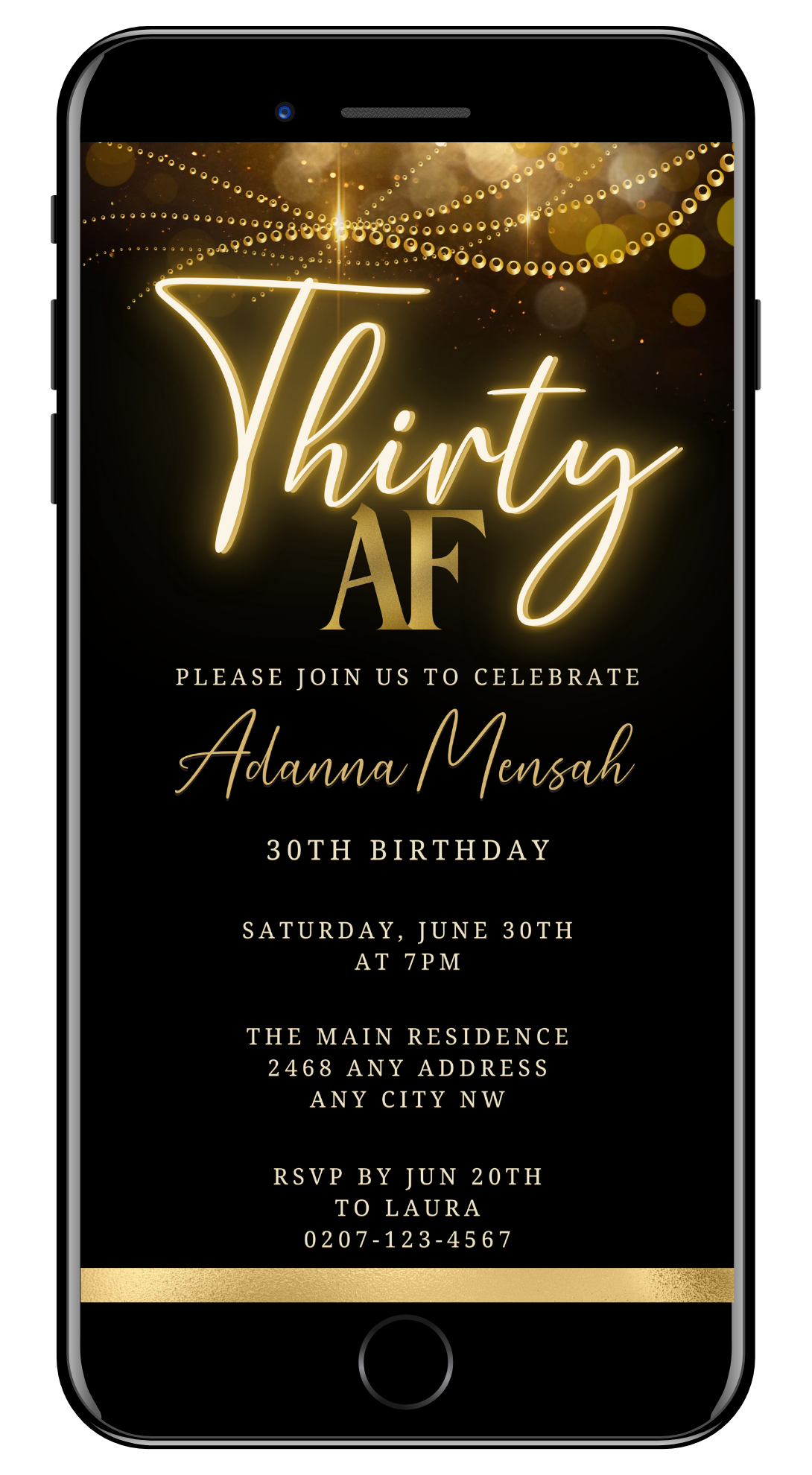 Black Gold Neon Sparkle | 30AF Birthday Evite displayed on a smartphone, showcasing customizable gold text on a sleek black background.