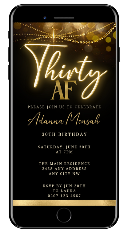 Black Gold Neon Sparkle | 30AF Birthday Evite displayed on a smartphone, showcasing customizable gold text on a sleek black background.