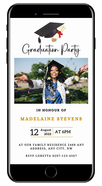 Digital graduation invitation with a woman in a cap and gown on a phone screen, featuring a glittering cap design and confetti accents.