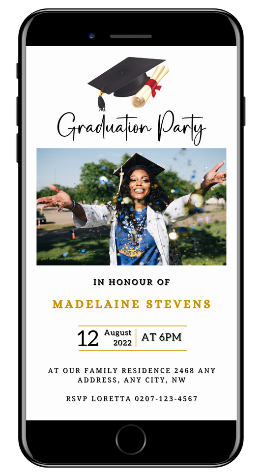 Digital graduation invitation with a woman in a cap and gown on a phone screen, featuring a glittering cap design and confetti accents.