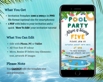 Kids Birthday Pool Party Digital Invite displayed on a smartphone screen with editable text and pool party graphics, customizable via Canva for electronic sharing.