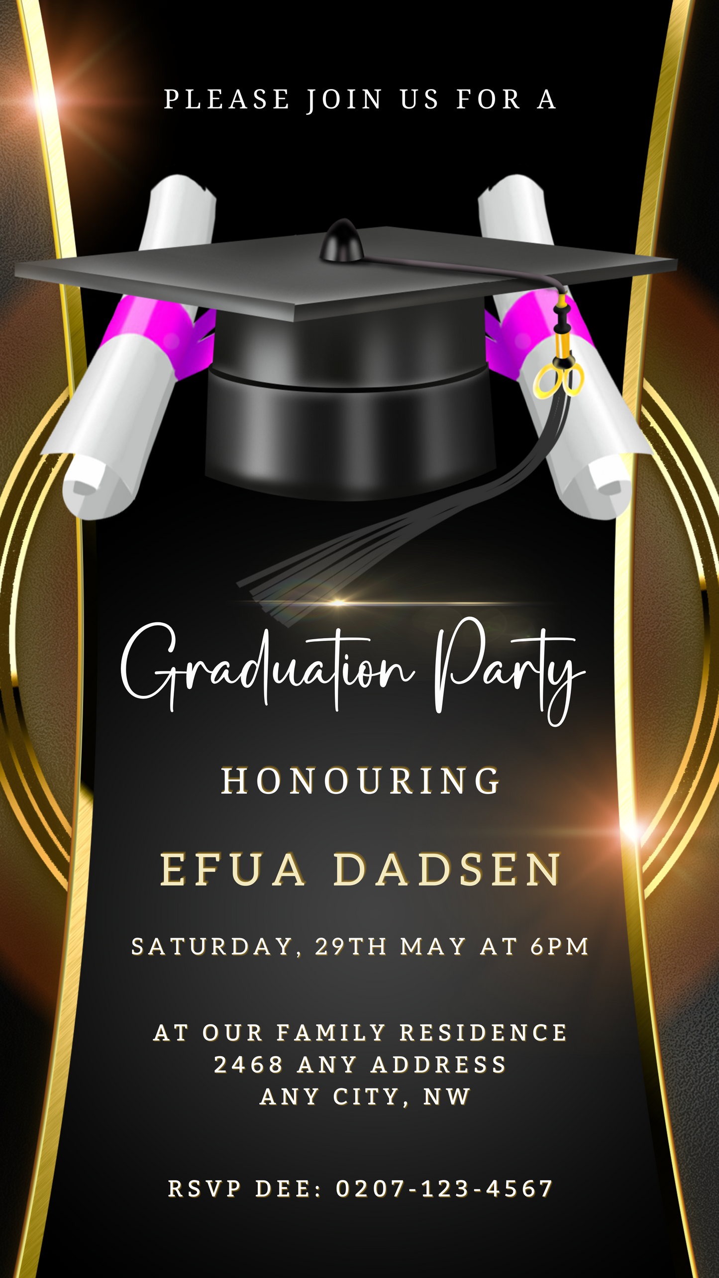 Customisable Black & Gold Graduation Party Invitation featuring a classic cap and diploma design, ideal for celebrating your graduate with elegance.