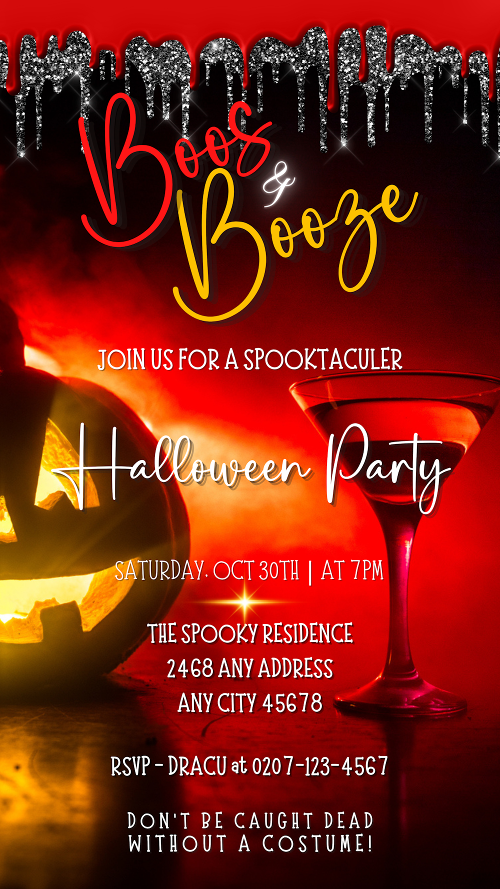 BOOS & BOOZE RED HOT PUMPKIN | HALLOWEEN EVITE featuring a carved pumpkin and a martini glass, with customizable text for invitations via Canva.