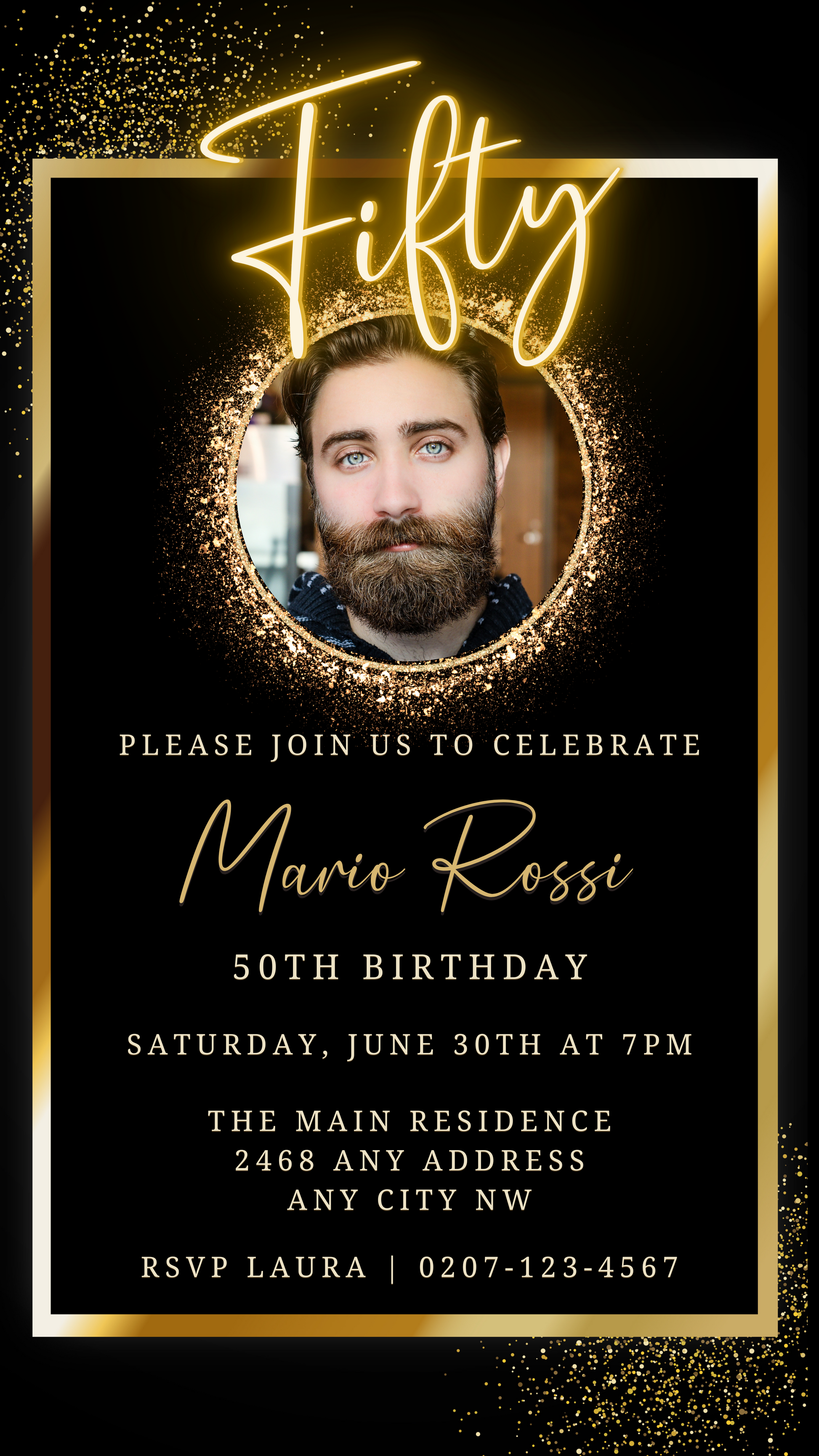 Neon Gold Oval Photo Frame | 50th Birthday Evite featuring a bearded man with a crown, customizable via Canva for digital invitations.