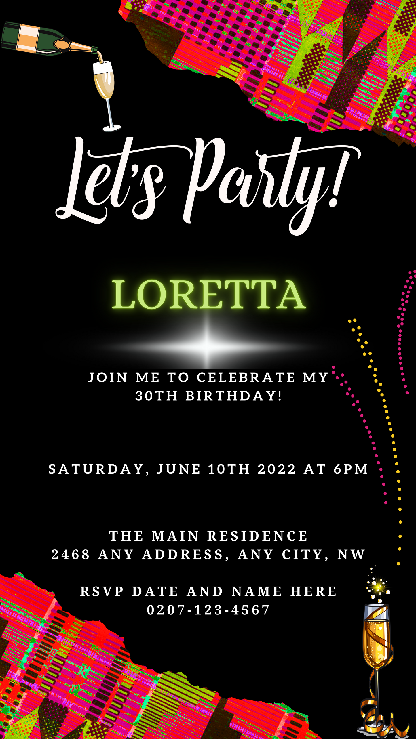 Customizable Pink Green African Kente Party Evite with colorful patterns and editable text. Perfect for electronic sharing via WhatsApp, Email, and social media.