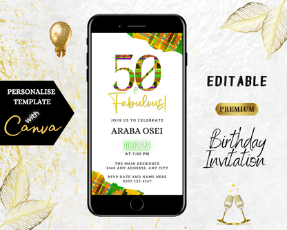 Digital Green Yellow Kente White | 50 & Fabulous Birthday Evite displayed on a smartphone screen, customizable via Canva for easy event details addition and electronic sharing.