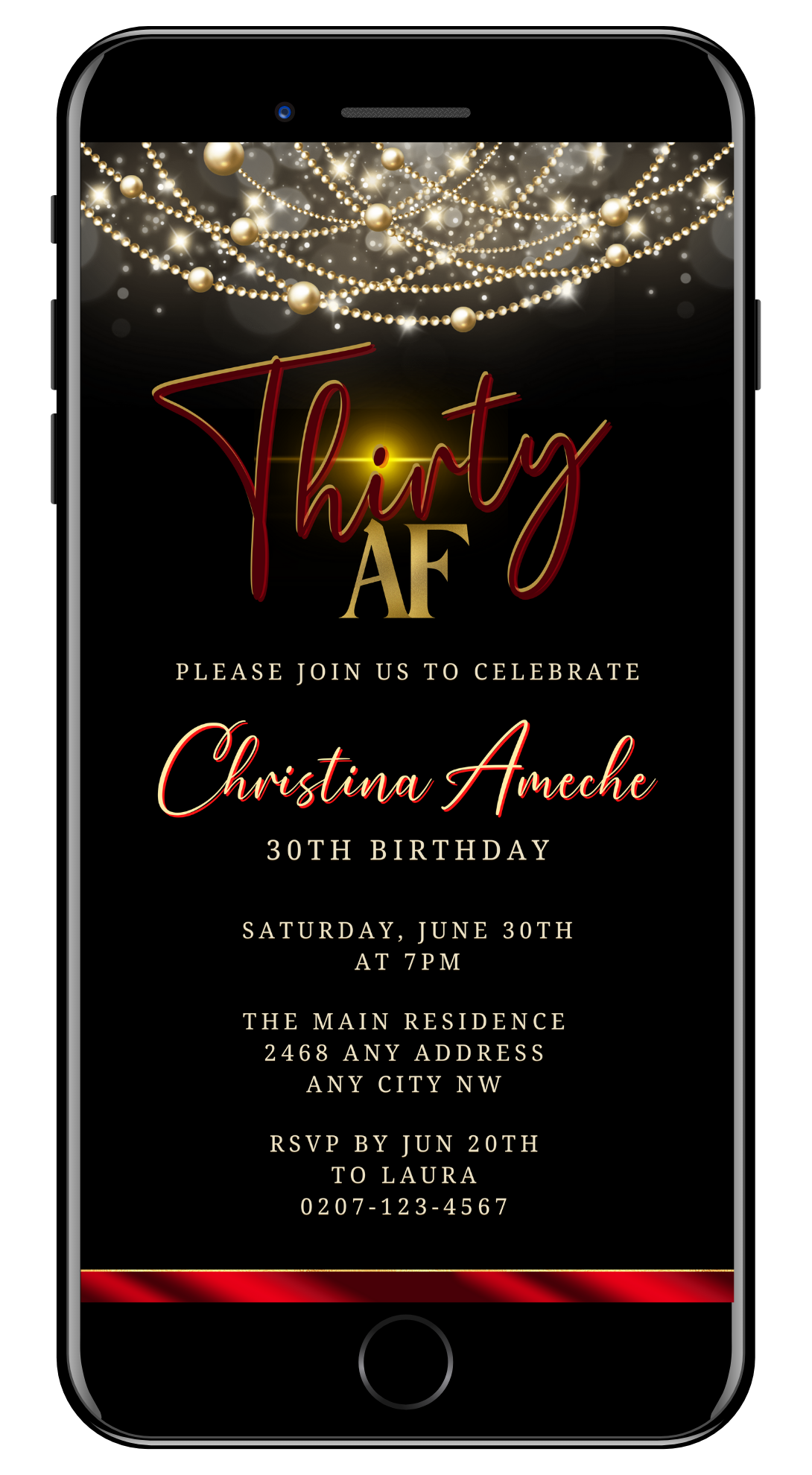 Black and gold customizable digital invitation for a 30AF Birthday, featuring neon art deco design elements and editable via Canva.