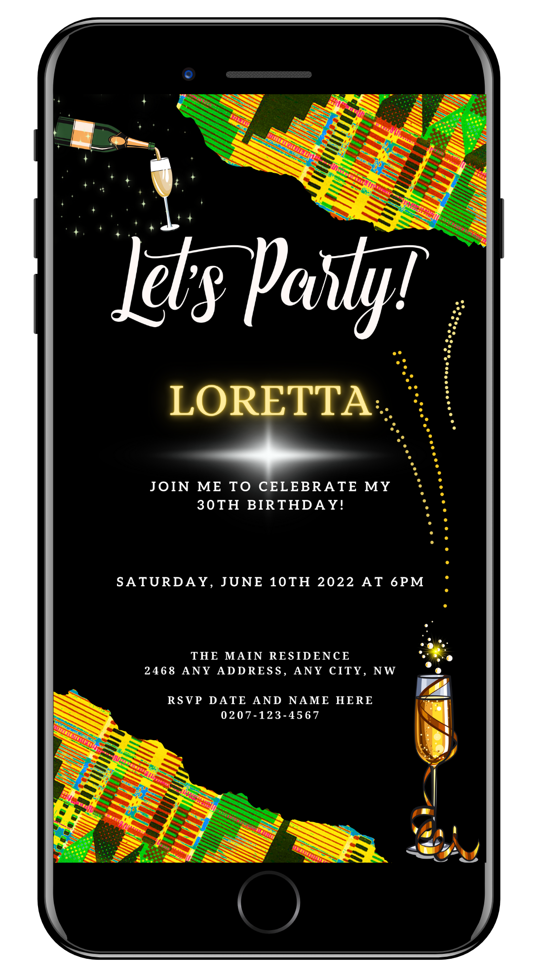 Green Yellow African Kente Editable Birthday Party Evite, featuring a digital invitation template with customizable text and design elements, viewable and editable on Canva.