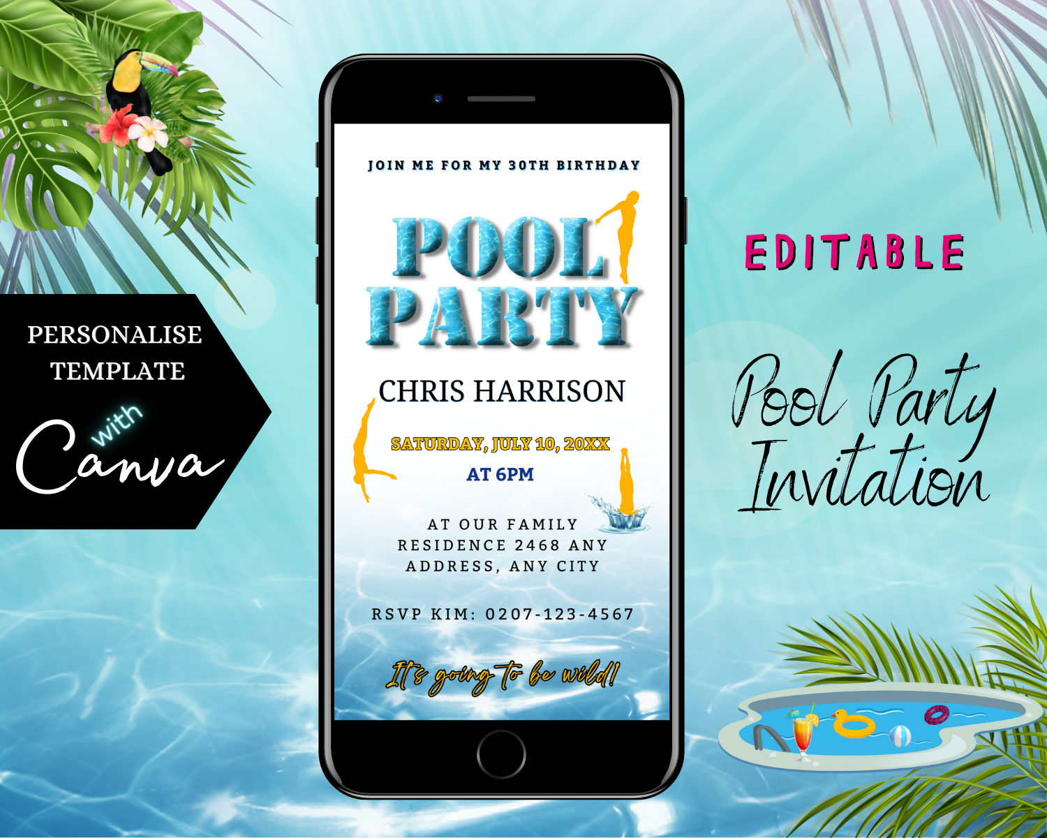 Splash Swimming Pool Digital Party Invitation displayed on a smartphone screen, showcasing customizable text and party details for easy personalization via Canva.