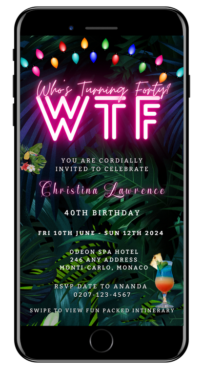 Customisable Tropical Destination Neon Pink invitation on a smartphone screen, ready for personalisation and electronic sharing via Canva.