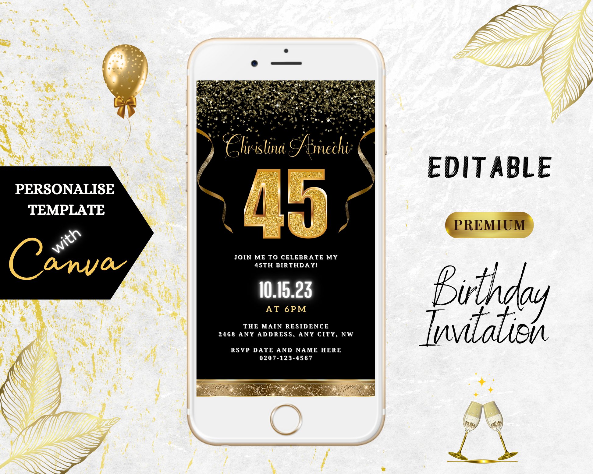 Customizable Black Gold Confetti 45th Birthday Evite displayed on a white smartphone screen, featuring gold text with balloons and ribbons.