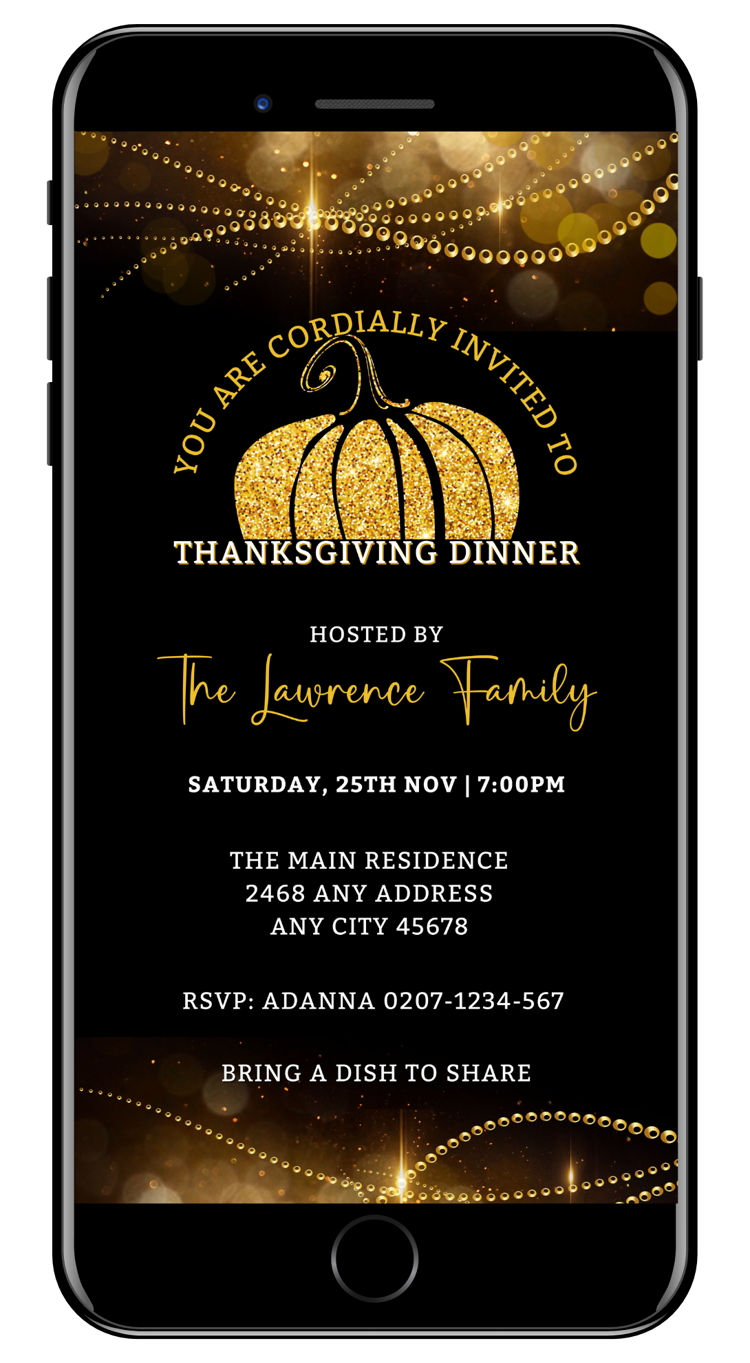 Golden Pumpkin Sparkle Thanksgiving Dinner Evite template displayed on a smartphone screen, featuring a gold pumpkin with editable text and design elements.