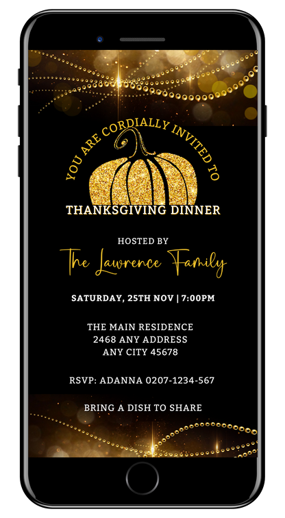 Golden Pumpkin Sparkle Thanksgiving Dinner Evite template displayed on a smartphone screen, featuring a gold pumpkin with editable text and design elements.
