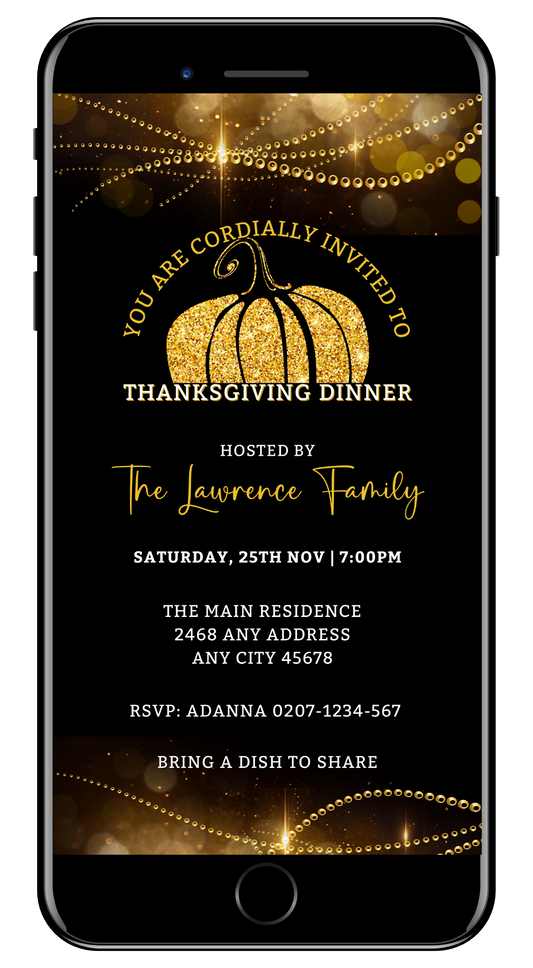 Golden Pumpkin Sparkle Thanksgiving Dinner Evite template displayed on a smartphone screen, featuring a gold pumpkin with editable text and design elements.