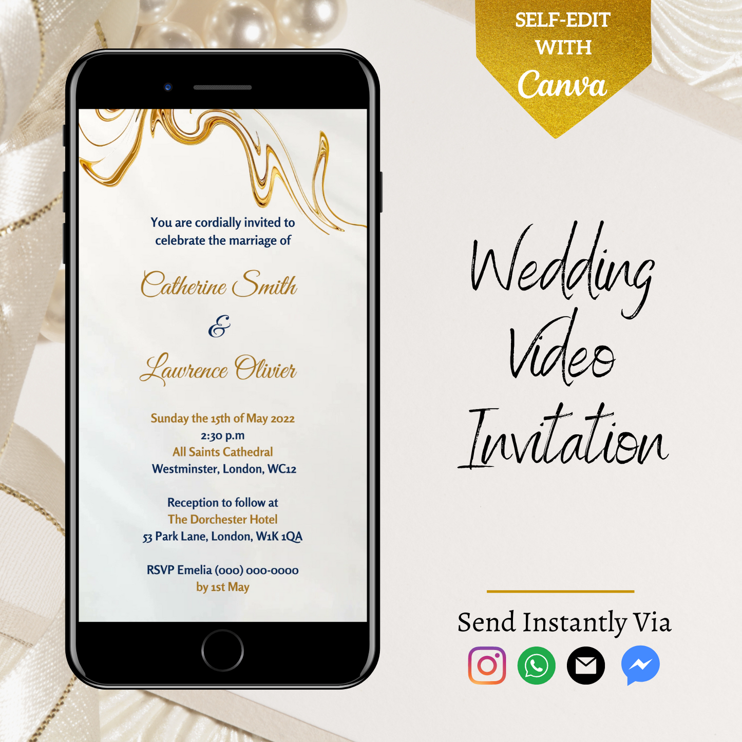 Gold Silk Agate Wedding Video Invitation displayed on a smartphone screen with editable text, customizable via Canva, ideal for digital sharing.