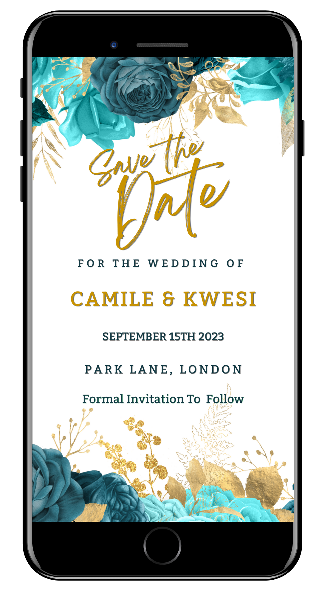 Teal Blue Gold Leaf Boho Save The Date Wedding Evite displayed on a smartphone screen with decorative flowers and editable text.