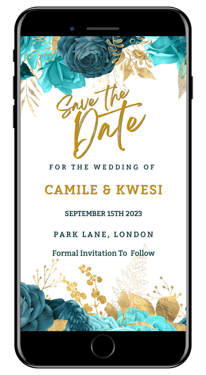 Teal Blue Gold Leaf Boho Save The Date Wedding Evite displayed on a smartphone screen with decorative flowers and editable text.