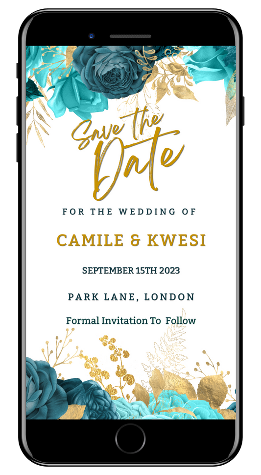 Teal Blue Gold Leaf Boho | Save The Date Wedding Evite