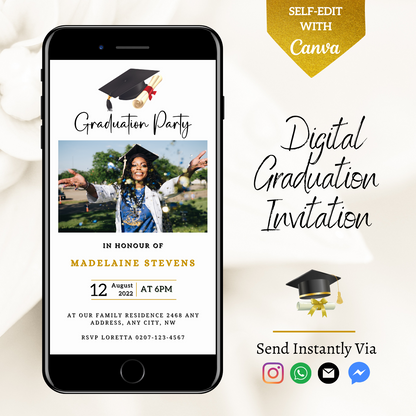 White & Gold Graduation Invitation featuring a graduate photo on a mobile phone, with a glittering cap and confetti design, customizable via Canva.