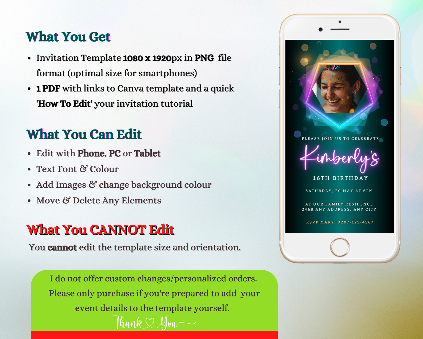 White cell phone displaying a customizable digital Birthday Party invitation with a woman's photo, from URCordiallyInvited's Neon Green Pink collection.