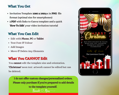 Gold Red Neon Presents | Merry Christmas Greeting Ecard displayed on a smartphone screen, featuring customizable text for event details.