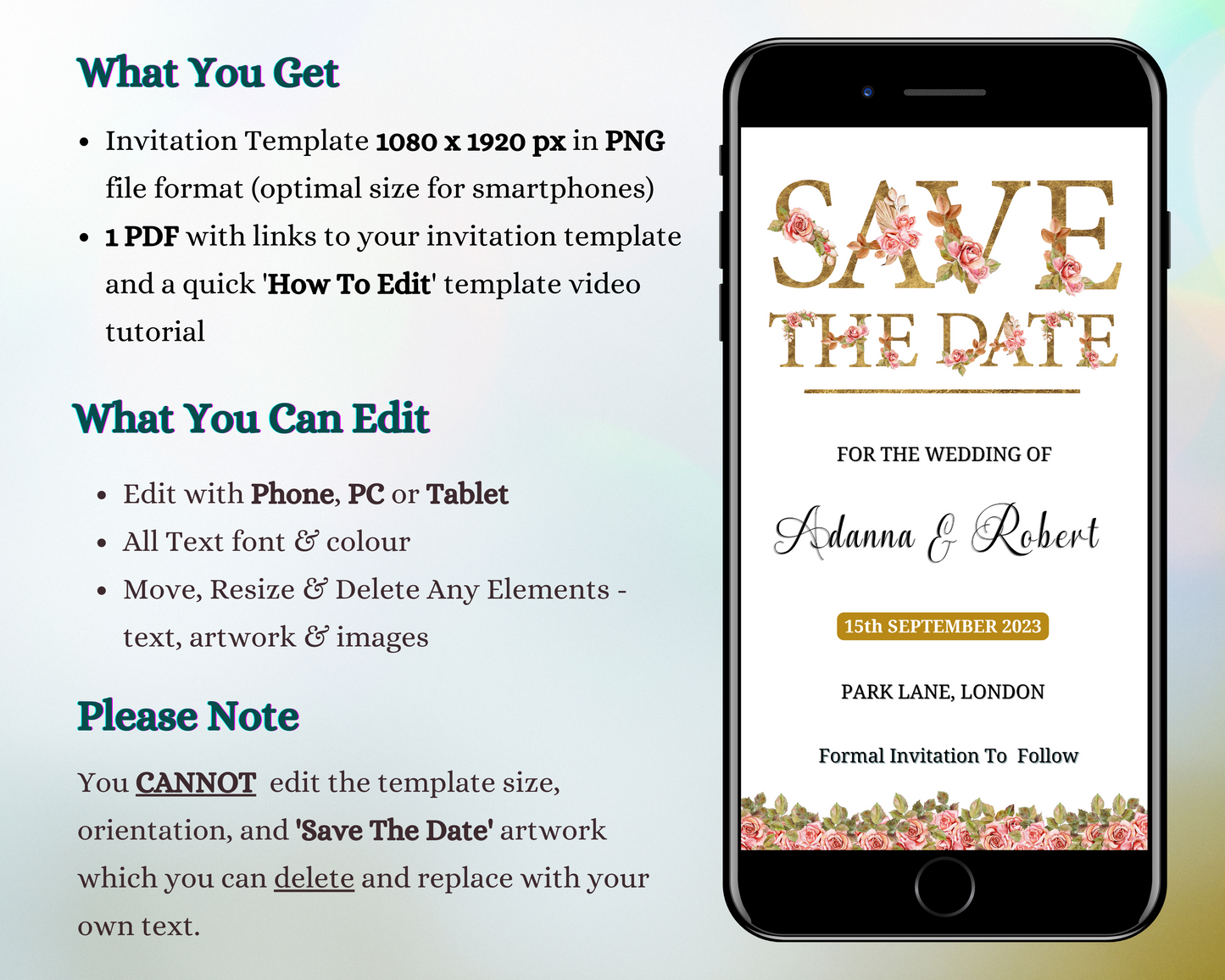Editable Gold Pink Floral Roses Save The Date Evite on smartphone screen, customizable via Canva for digital invitations.