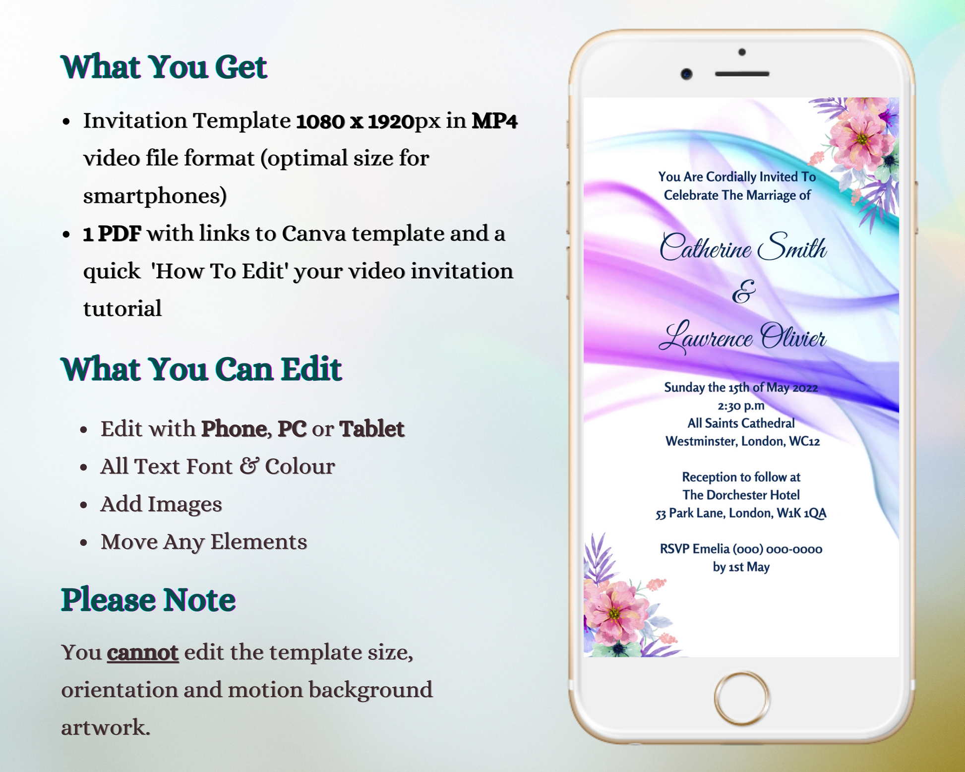 Customizable Lilac White Floral Wedding Video Invitation displayed on a smartphone screen, showcasing editable text and swirly floral design.