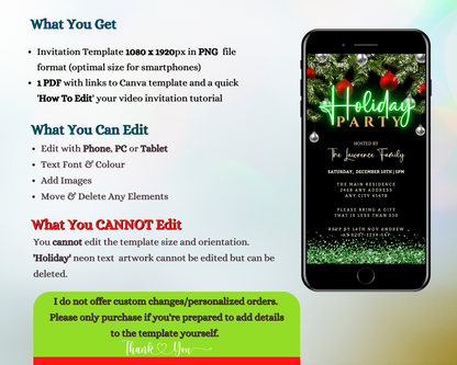 Editable Holiday Party Evite featuring Green Neon, Red, and Silver Ornaments on a smartphone screen. Customizable via Canva for text, images, and sharing digitally.