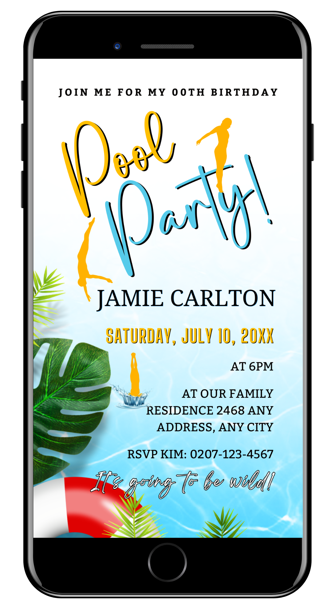 Cell phone displaying customizable Summer Pool Party digital invitation template, easily editable with Canva for sharing via text, email, or messaging apps.