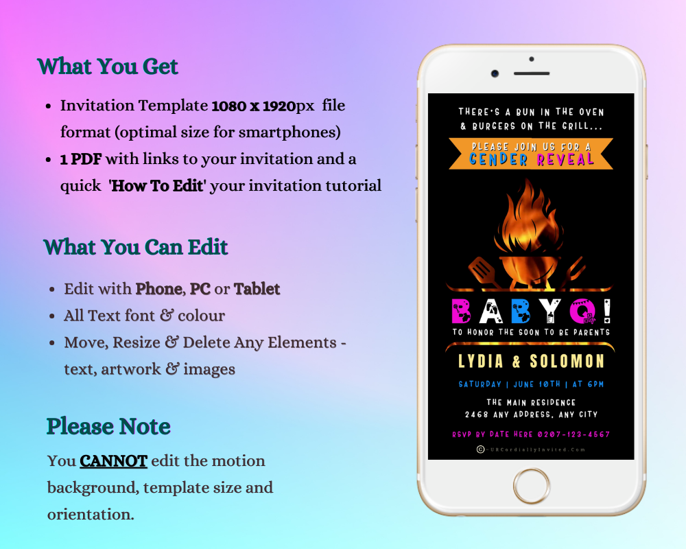 White smartphone displaying the customizable Animated BABYQ Flaming Grill | Digital Gender Reveal Invite template, ideal for personalizing and sharing event details via digital platforms.