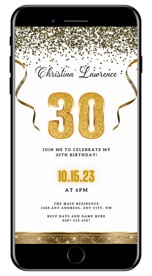 White Gold Confetti 30th Birthday Evite displayed on a smartphone with gold glittery ribbons and text, customizable via Canva.