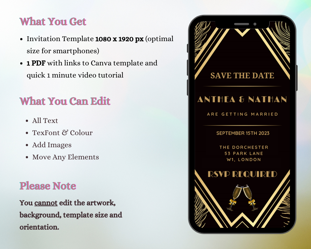 Gatsby Art Deco Save The Date Evite displayed on a smartphone, featuring elegant black and gold design, customizable via Canva for electronic sharing.