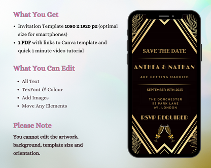 Gatsby Art Deco Save The Date Evite displayed on a smartphone, featuring elegant black and gold design, customizable via Canva for electronic sharing.